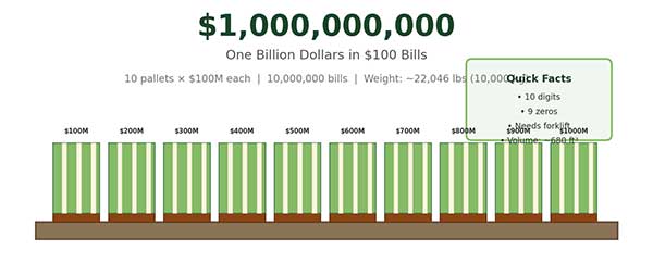 $1 billion in $100 bills requires 10 standard cash pallets and a forklift to move.